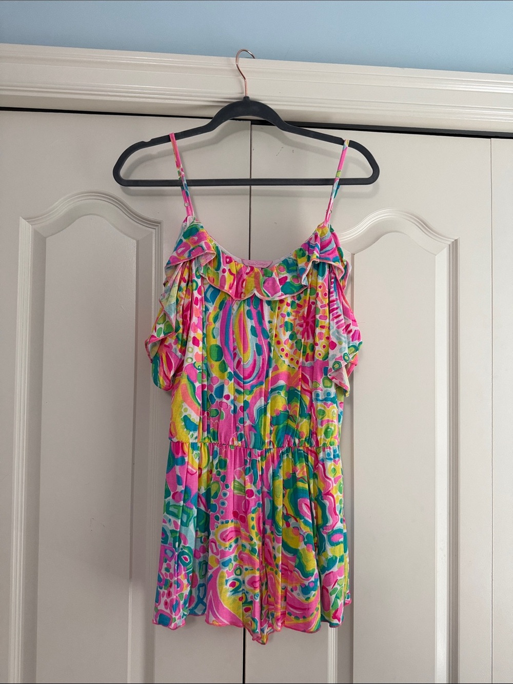 Lilly Pulitzer Pink, Yellow & Green Print Ruffle Strap Romper - Picture 1 of 5